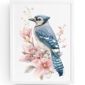 Watercolor Floral Blue Jay Art Print - Unframed Wall Decor